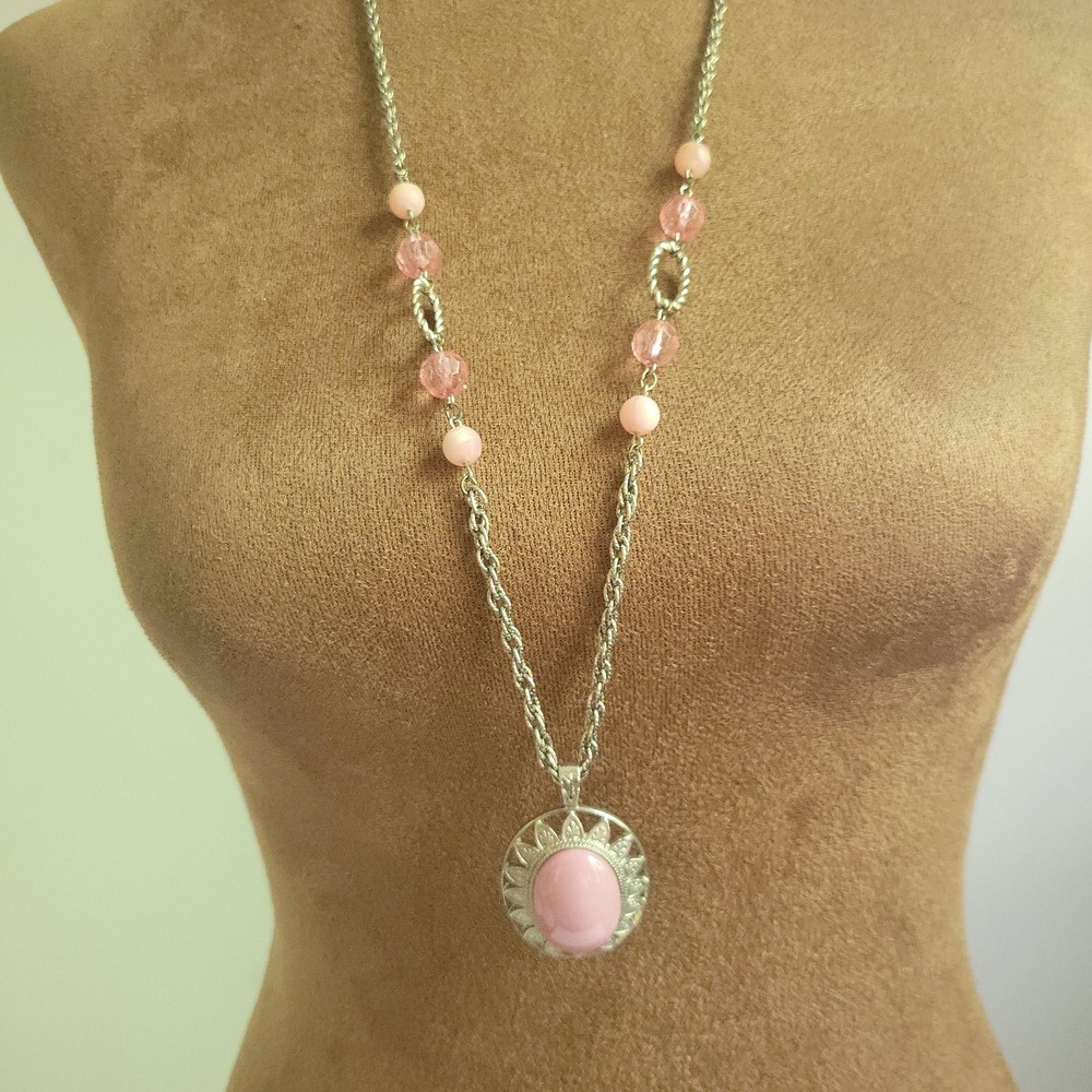 1928 Jewelry Company Pink Bead Silver Tone 30" Long Pendant Necklace Cottagecore